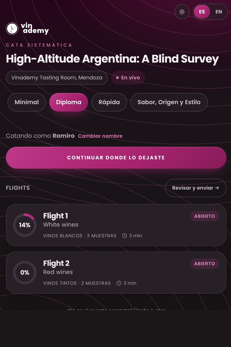 Pantalla del participante con los flights del evento