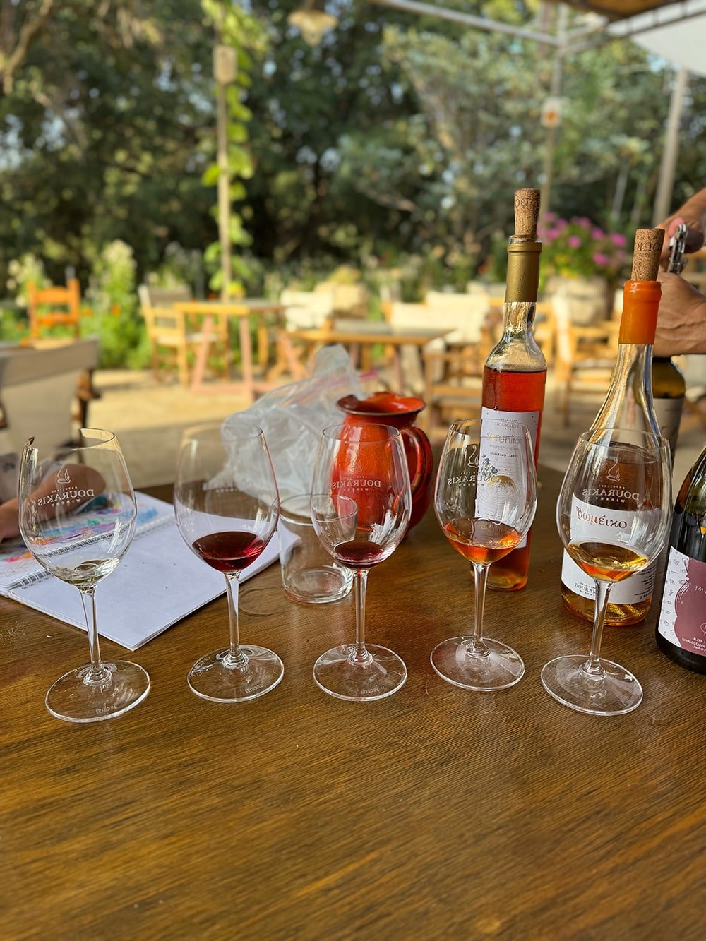 Glasses from a guided tasting with various wines