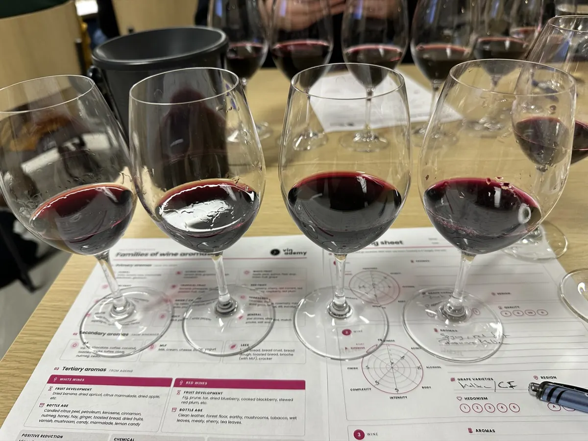 Four glasses of red wine on a Vinademy tasting sheet